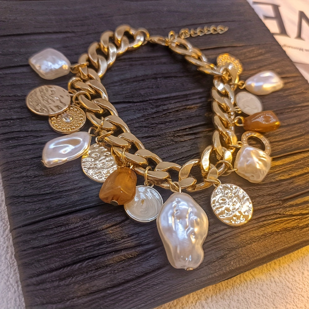 Women's Vintage Style Charm Bracelet - Alloy Chain with Faux Baroque Pearls & Rhinestones | Elegant & Versatile | Perfect for Daily and Vacation Wear